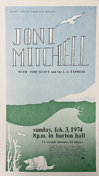 1974-02-03 Joni Mitchell concert poster found in Cornell's rare and manuscript collection, Kroch Library at Cornell
